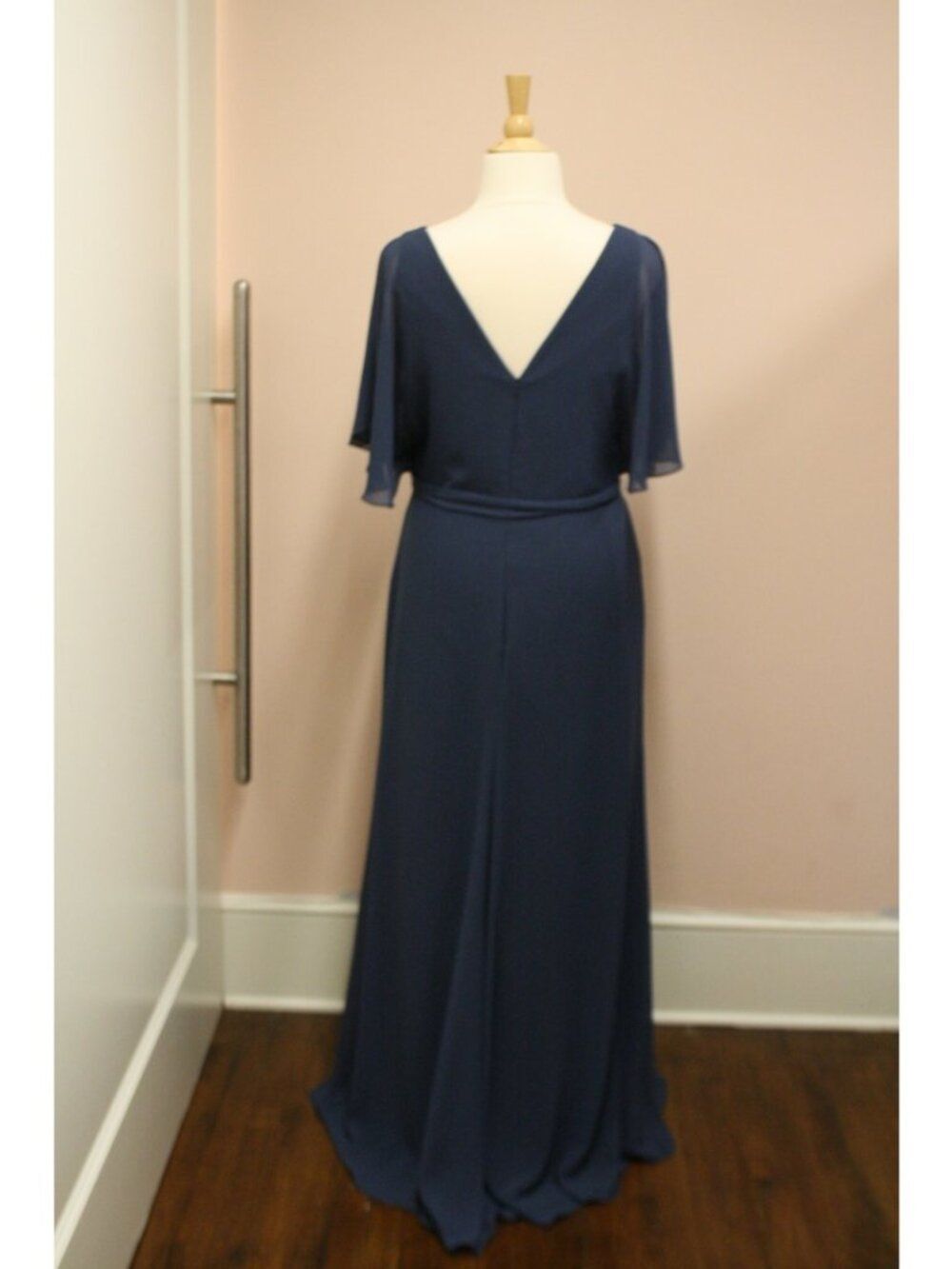 Long Chiffon Bridesmaids Dress With Split Elbow Sleeve. Amsale French Blue - Picture 2 of 12